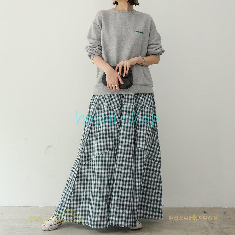 ロングスカート 夏新作 フレアスカート 切り替え チェック柄 20代30代
