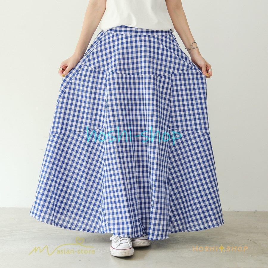 ロングスカート 夏新作 フレアスカート 切り替え チェック柄 20代30代
