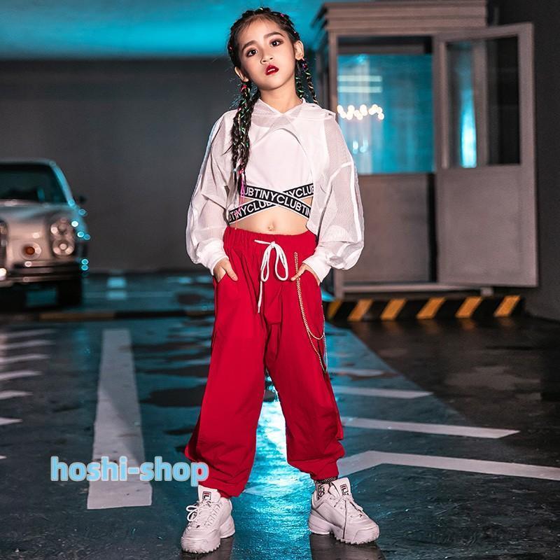 キッズ ダンス衣装 メッシュ 白 へそ出し トップス パーカー 赤 ダンス