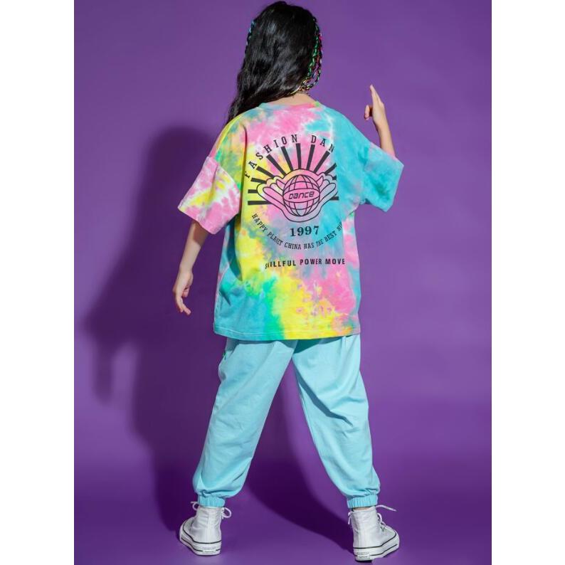 キッズ ダンスパンツ 絞り染め 衣装 単品販売 ネオンカラー ビッグシルエット ヒップホップ tシャツ タイダイパンツ 演出服 ショート丈 セットアップ 社交ダンス キッズ タイダイ サルエルパンツ 120