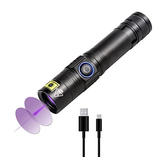 ブラックライト 365nm波長 10W UVライト USB充電式 紫外線ライト アルミニウム合金 高耐久 多機能 UV懐中電灯 軽量小型