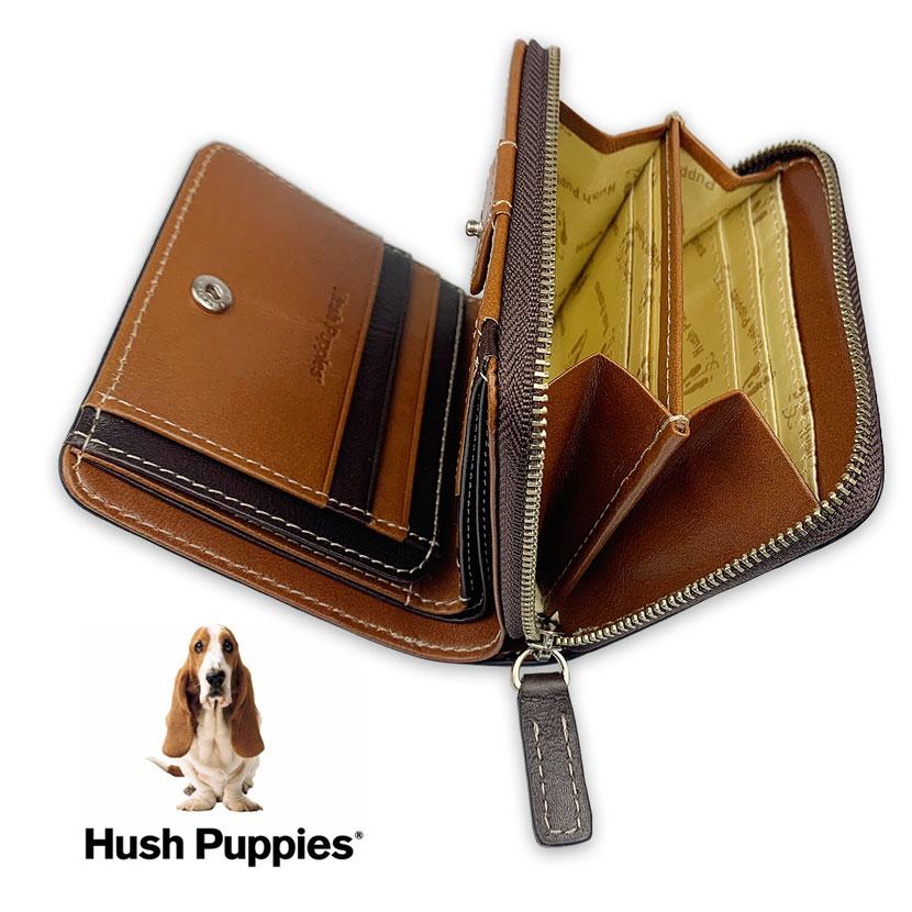 全3色 Hush Puppies ハッシュパピー リアルレザー 二つ折り財布 ショートウォレット ラウンドファスナーhp0346