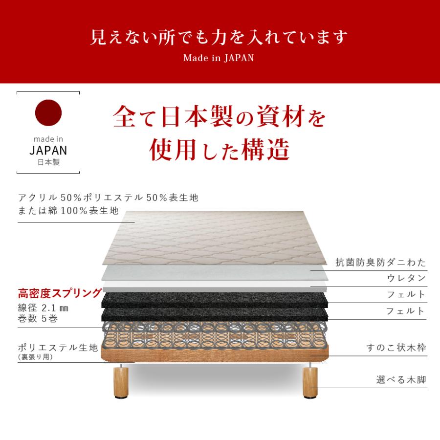 ベッド マットレス付き 脚付きマットレスベッド オーダーメイド 幅140cm〜151cm 長さ207cm以下対応 高密度スプリング 硬め 抗菌防臭防ダニわた加工済み 日本製