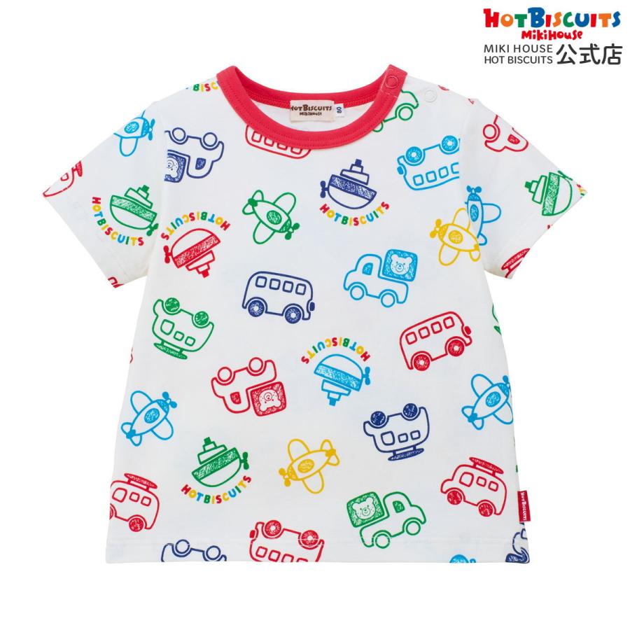 HOT BISCUITS ミキハウス ビーンズ×乗り物 総柄 半袖Tシャツ 白 80cm