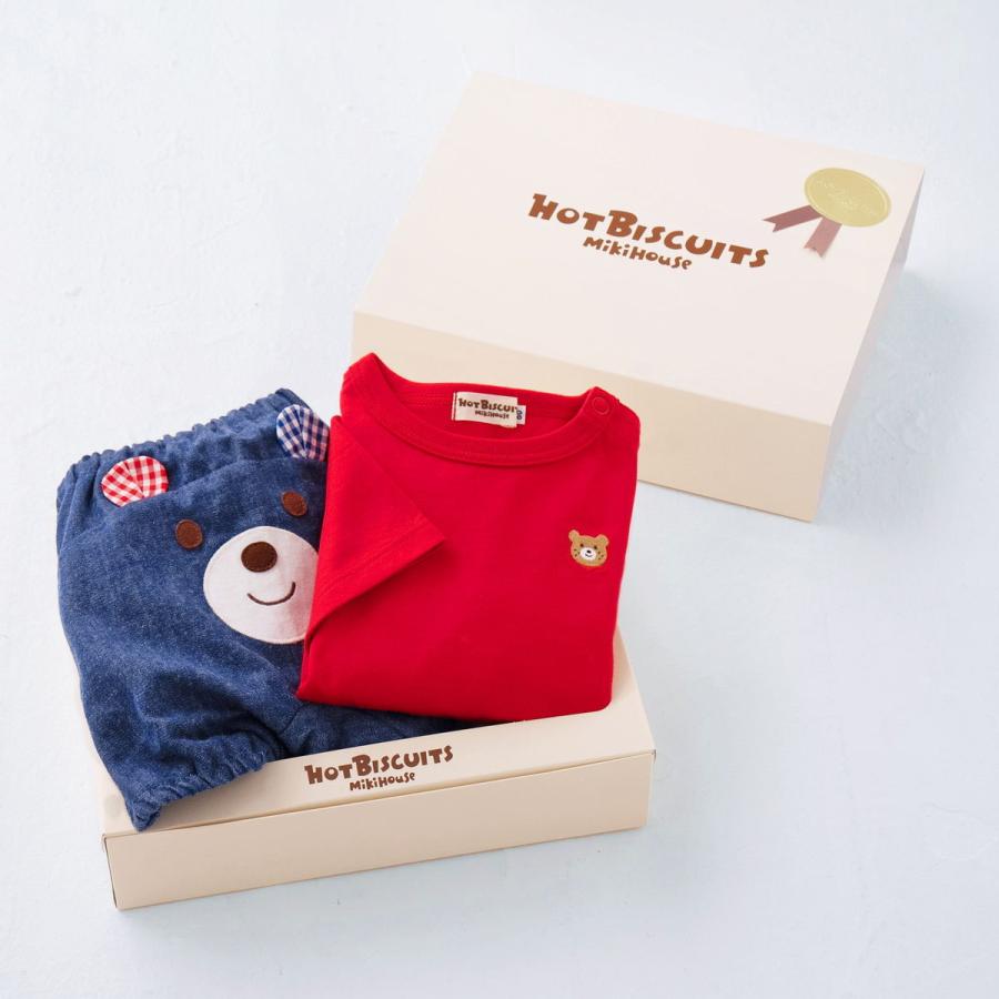 ミキハウス 出産祝い 内祝い ワンポイント半袖Tシャツ＆顔ドンブルマセット【BOX付き】 アウトレット ホットビスケッツ HOT BISCUITSの画像
