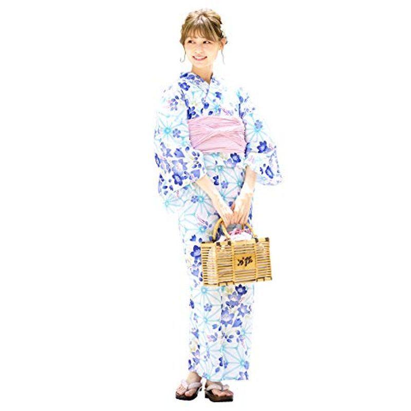 (ソウビエン)浴衣 セット レディース 白 ホワイト 青 麻の葉 桔梗 萩 藤 ラメ 綿 女性 夏 ボヌールセゾン 兵児帯 ピンク