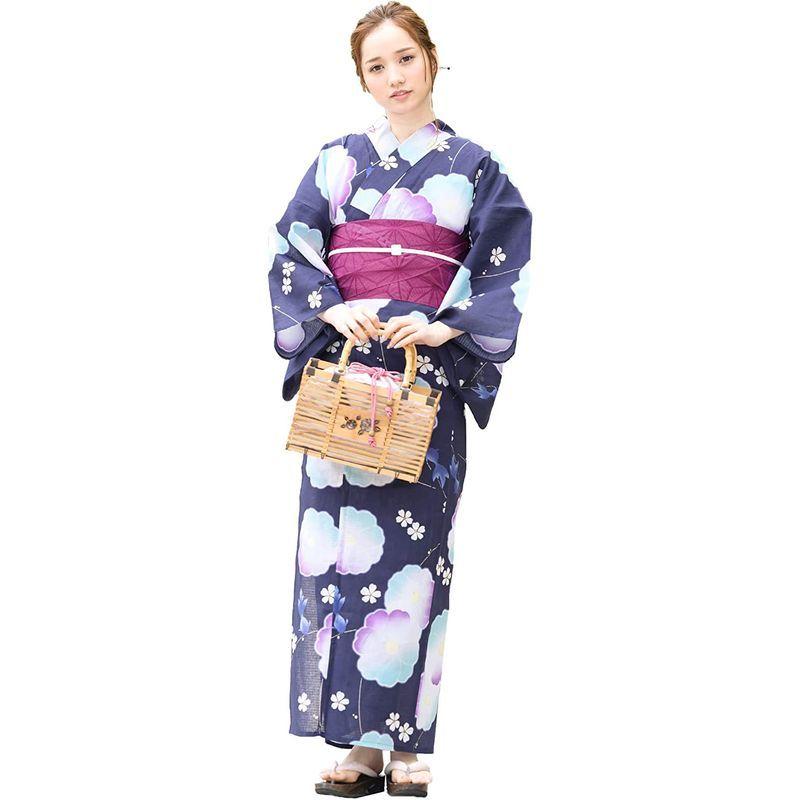 ソウビエン 浴衣 セット レディース 紺 ネイビー 梅 桜 花 金魚 ラメ 綿 女性 夏 ボヌールセゾン 作り帯 紫