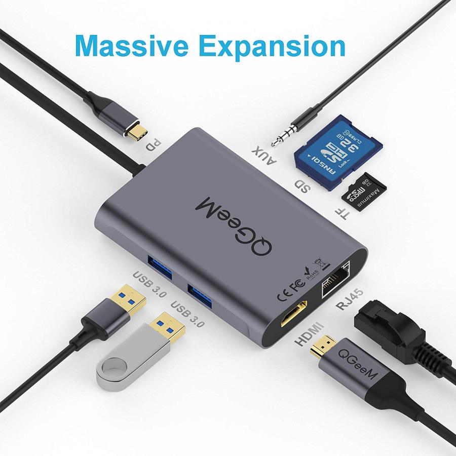 QGeeM ドッキングステーション　usb-c接続ハブ USB C ハブ,QGeeM 8 in 1 TypeC HDMIドッキングステーション,lan