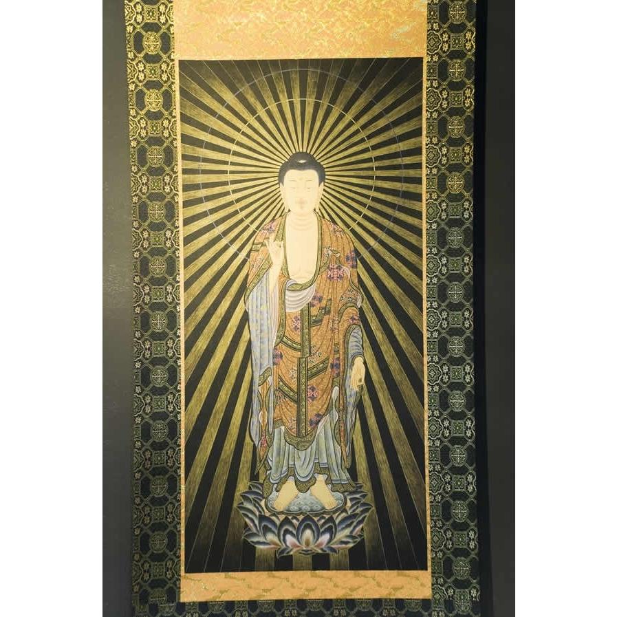 美品 掛け軸 紺紙 阿弥陀如来図 仏画 仏教美術 美術館監修 年中掛け 阿弥陀如来 仏画掛け軸（半切サイズ） : 仏像仏画チベット美術卸の天竺