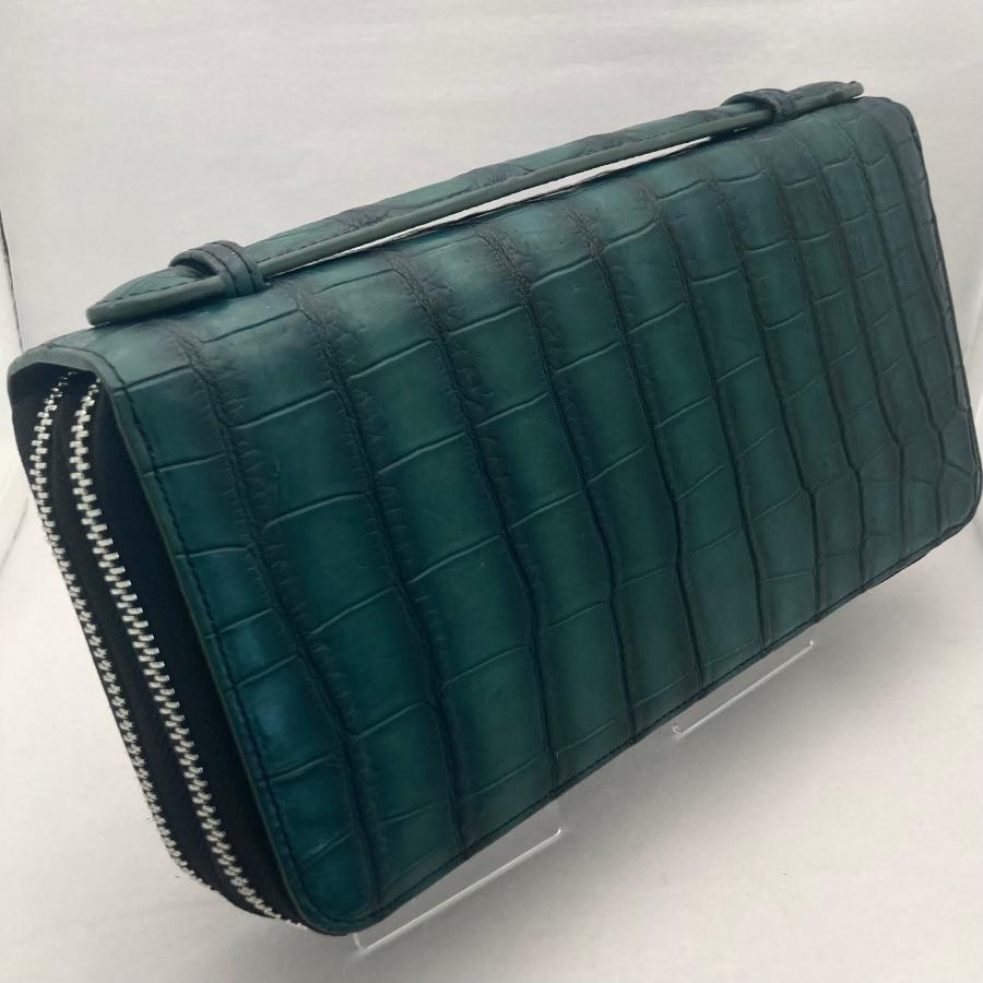 【高品質】クロコダイル マットクロコ 多機能財布 大容量 オーガナイザー 持ち手あり グリーン 鰐 ワニ 金運アップ【新品】の画像