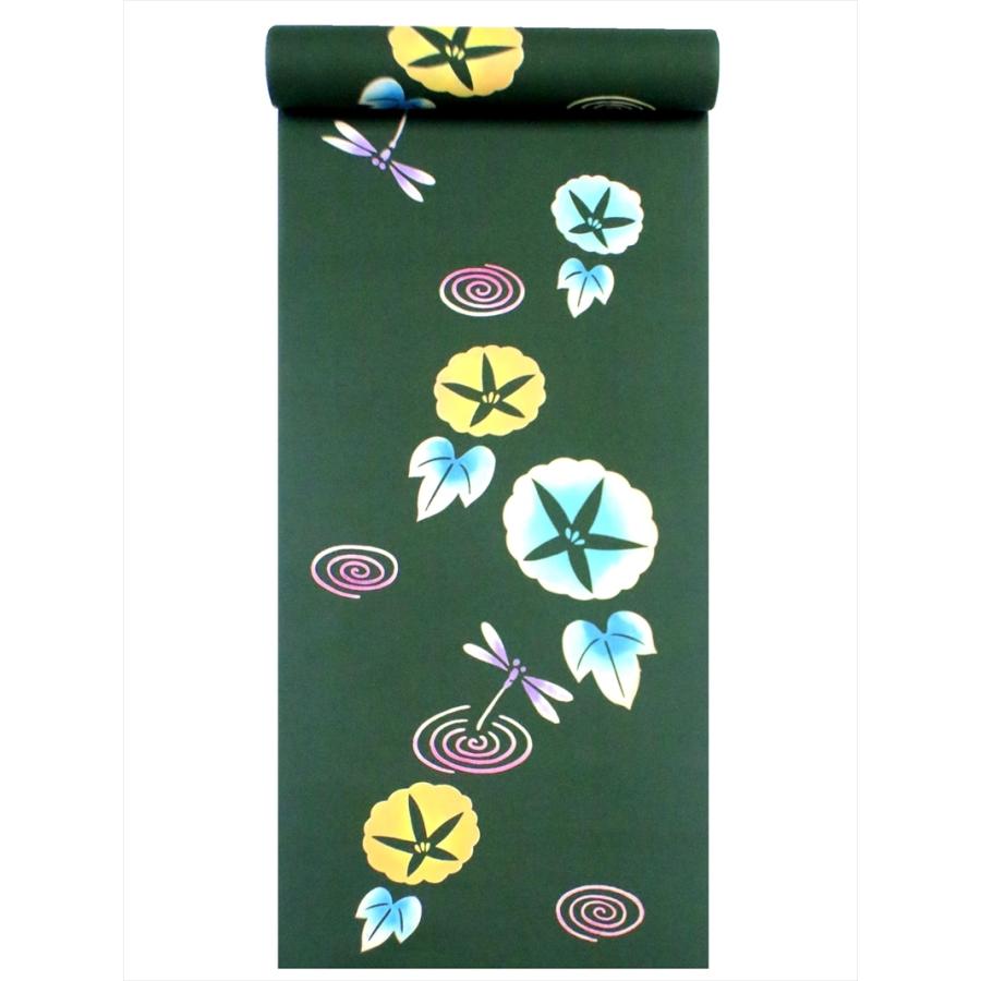 浴衣 反物 NO.220 モスグリーン地・朝顔・トンボ柄・注染染め/耳あり