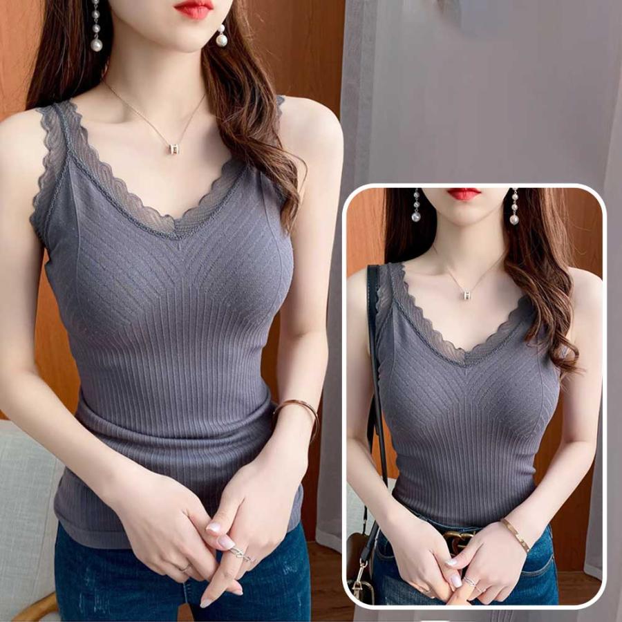 キャミソール Vネック レース付き タオル生地 保温 冷え対策 伸縮性