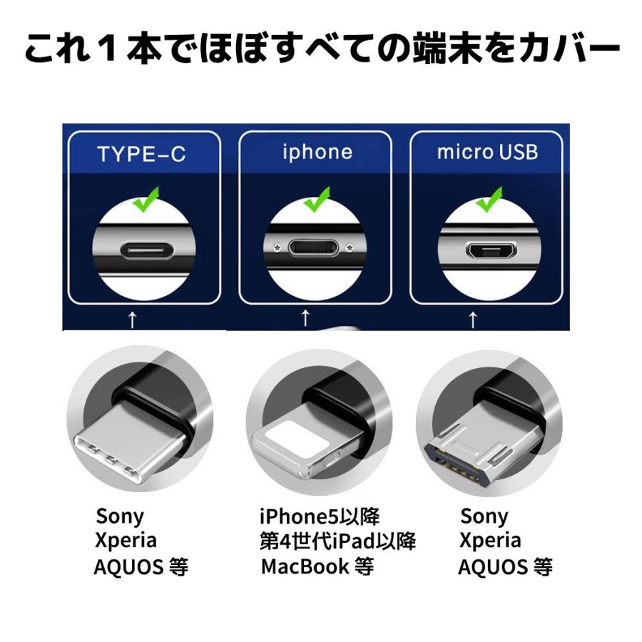 充電ケーブル 3in1 iPhone ライトニング lightning Android スマホ type-C microUSB 巻き取り USB両面挿入 |  | 07