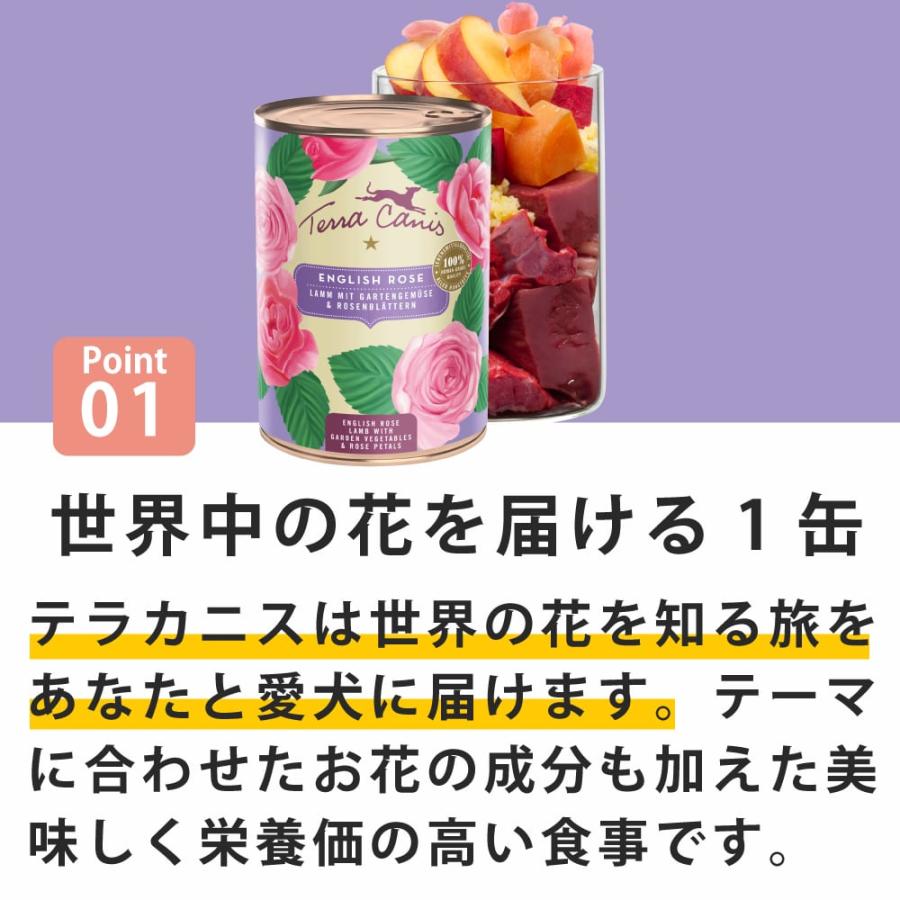 テラカニス Flower Menu フラワーメニュー イングリッシュローズ 400g 成犬用一般食 ラム＆ガーデンベジタブル バラの花びらを添えて |  | 01