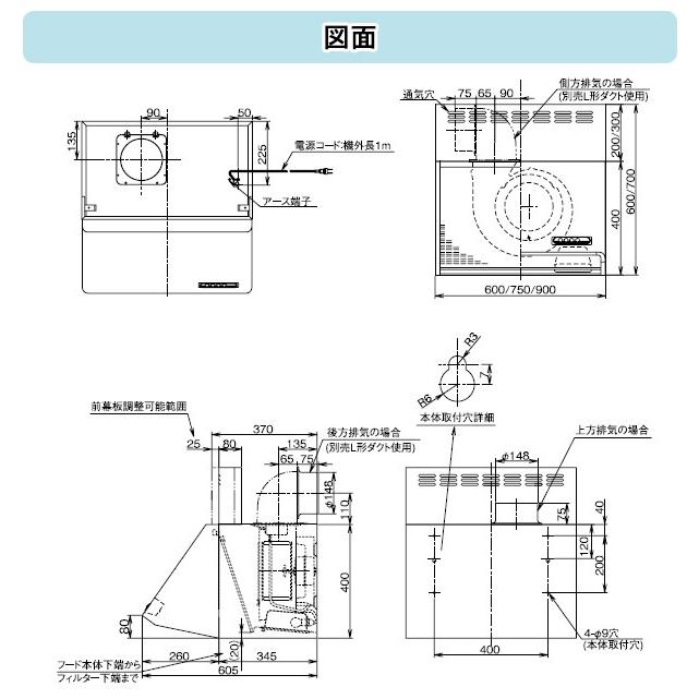 富士工業 レンジフード シロッコファン 間口900mm BDR-3HL-901 BK/W