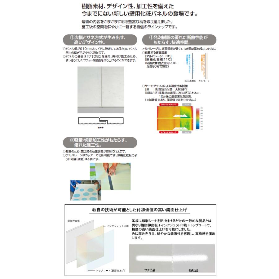 フクビ化学工業　鏡面アルパレージ　1ケース2枚入り　壁面化粧パネル・樹脂素材　KAP2__　カッターで切断可能　サイズ：幅910mm×長さ2450mm×厚み4mm　バスパネル