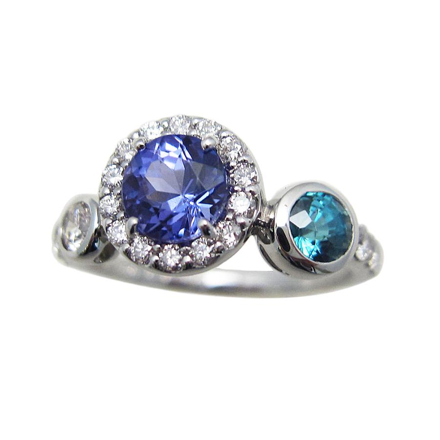プラチナ900タンザナイト &ダイアモンド &ブルージルコンリング