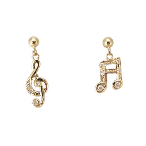ト音記号 16分音符 ダイヤモンド ピアス イエローゴールド製