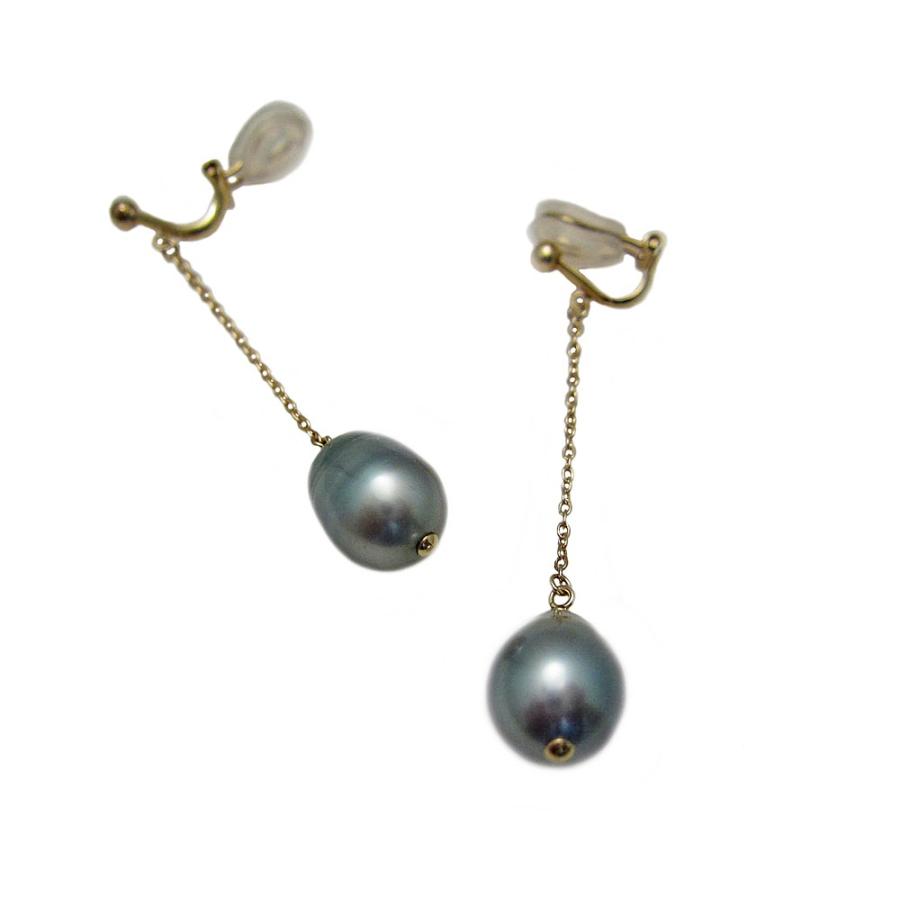 イエローゴールド 黒蝶真珠 バロック チェーン イヤリング : Jewellery