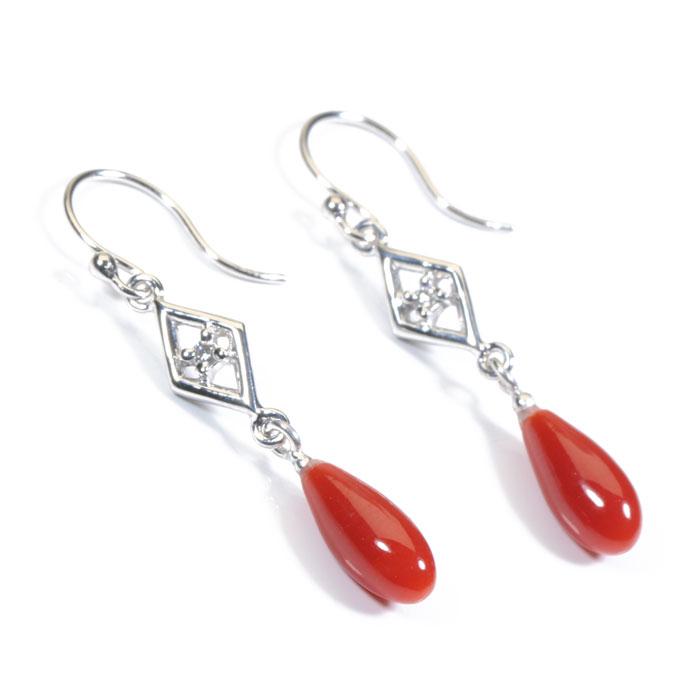 血赤珊瑚 ピアス フック ティアドロップ K18WG ホワイトゴールド 無  