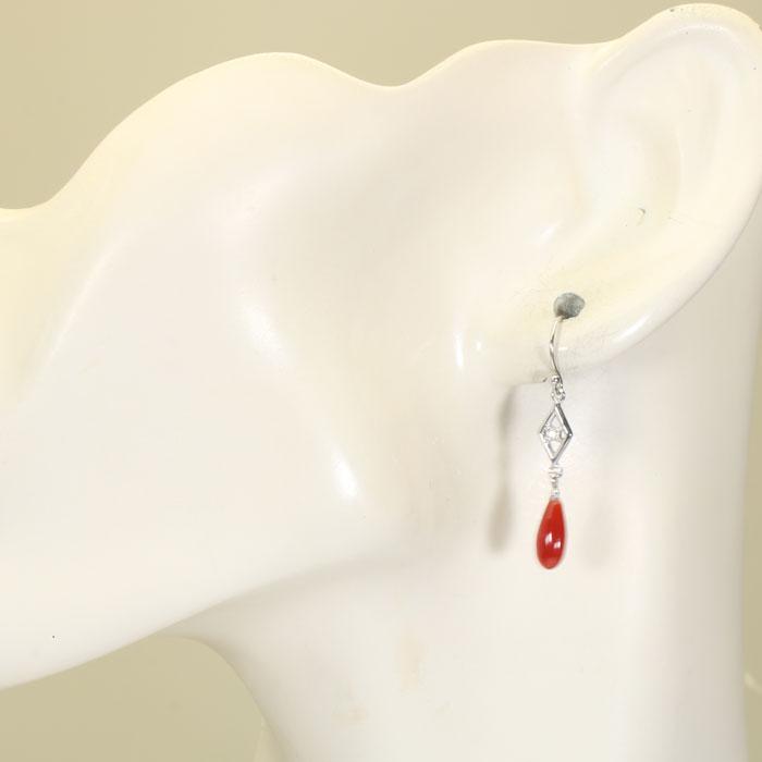 血赤珊瑚 ピアス フック ティアドロップ K18WG ホワイトゴールド 無  