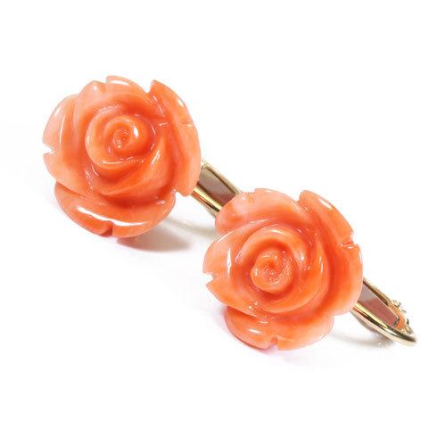 宝石珊瑚のSANSUI 桃珊瑚 イヤリング 薔薇 花 K18 イエローゴールド 無