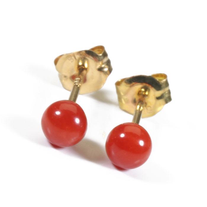 宝石珊瑚のSANSUI 地中海紅珊瑚 ピアス 丸玉 サルジ 胡渡 K18YG 無染色 