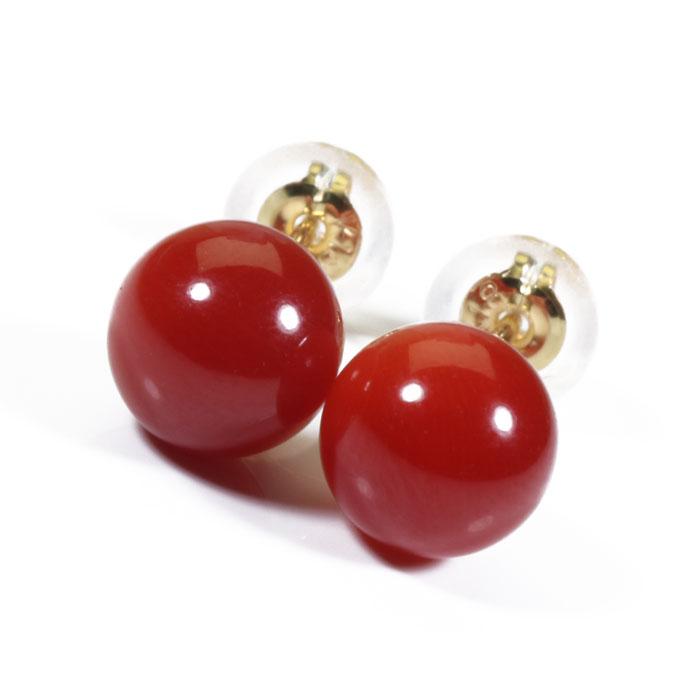 【新品】★K18 赤サンゴピアス サンゴピアス 18金 珊瑚 丸玉ピアス 天然 宝石珊瑚のSANSUI 赤珊瑚 ピアス 丸玉 K18 イエローゴールド 無染色