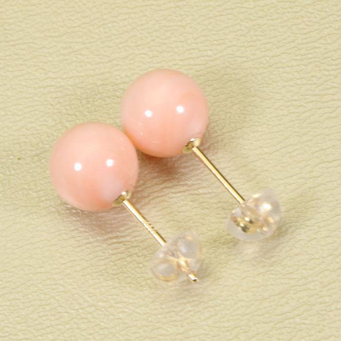 ミス珊瑚 ピンク ピアス 丸玉 K18 18金 イエローゴールド 無染色 SANSUIの画像