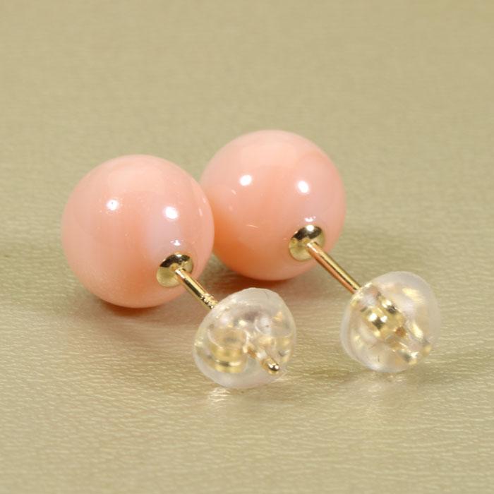 ミス珊瑚 ピンク ピアス 丸玉 K18 18金 イエローゴールド 無染色 SANSUIの画像