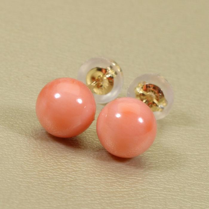 宝石珊瑚のSANSUI 深海珊瑚 ピンク ピアス 丸玉 K18YG 18金 イエロー 