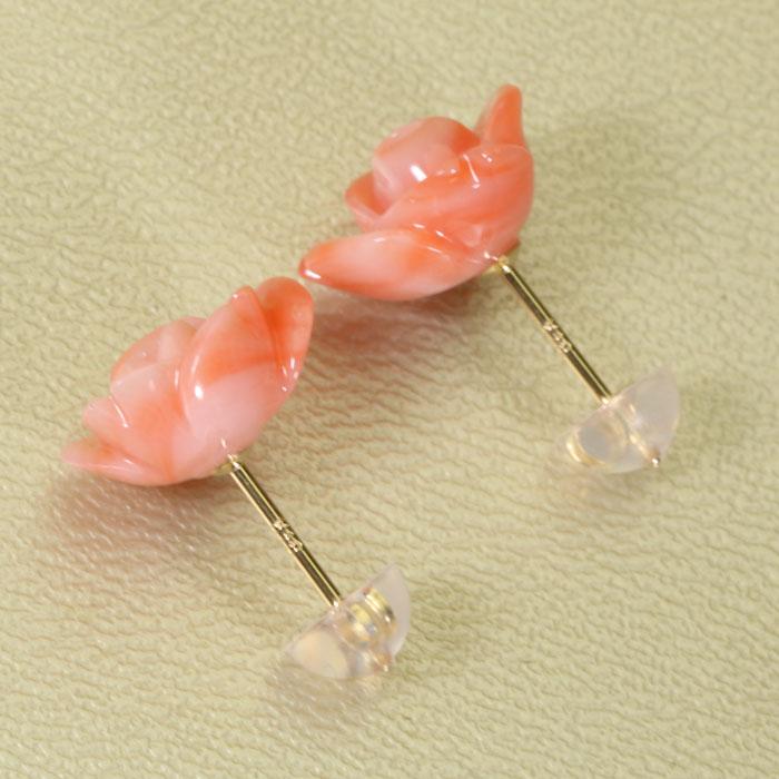K18深海サンゴ 薔薇ピアス☆新品☆かわいい 宝石珊瑚のSANSUI 深海珊瑚 ピンク ピアス 薔薇 K18YG 18金 イエロー