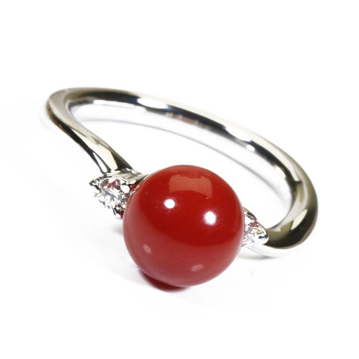 Pt900 カボション珊瑚 リング　血赤珊瑚 宝石珊瑚のSANSUI 血赤珊瑚 高知県産 リング 指輪 Pt900 プラチナ 無