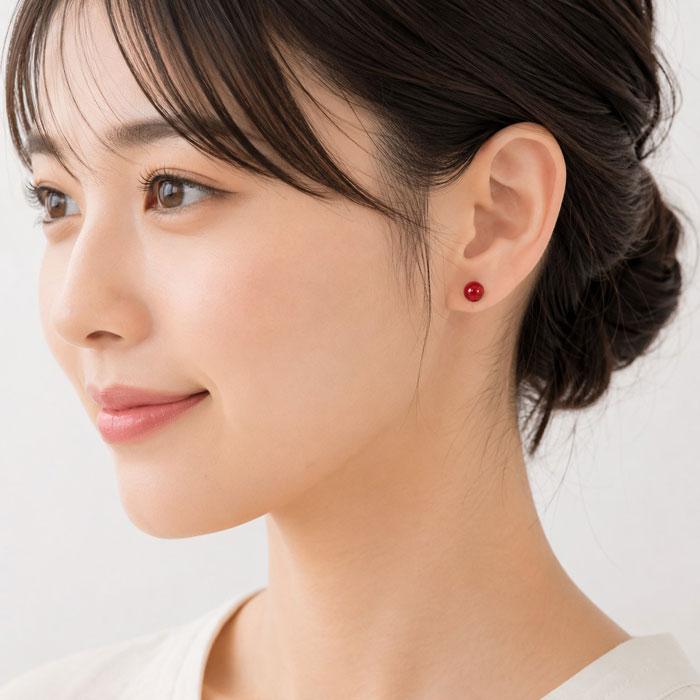 noriko　赤珊瑚　プラチナ900 ダイヤ ８.5ミリ玉ピアス 宝石珊瑚のSANSUI 血赤珊瑚 ピアス 丸玉 Pt900 プラチナ 高知産 無染色