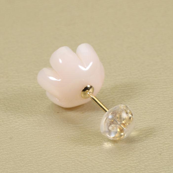 宝石珊瑚のSANSUI ミッド珊瑚 ピンク ピアス 片側 花 K18 イエロー 