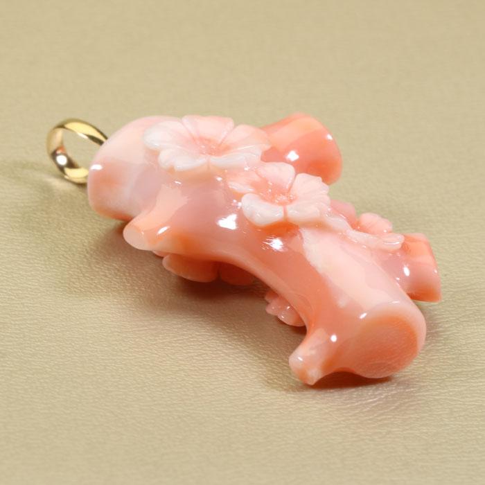 ガ-ネ珊瑚 ピンク 桜 花 ペンダント トップ K18 イエローゴールド 無