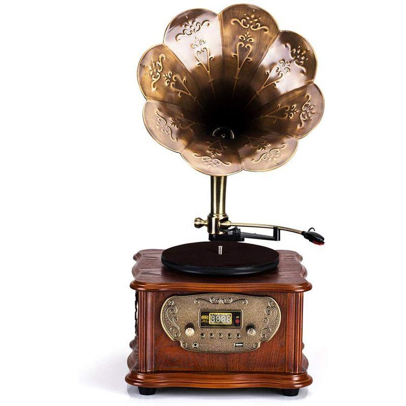 HOFEINZ 天然木材 蓄音機 純銅ホーン 工芸品 マルチレコードプレーヤー/Bluetooth4.2 /USB/FM ラジオ 天然木材 蓄音機 純銅ホーン 工芸品 マルチレコードプレーヤー/Bluetooth4 /USB/FM ラジオ