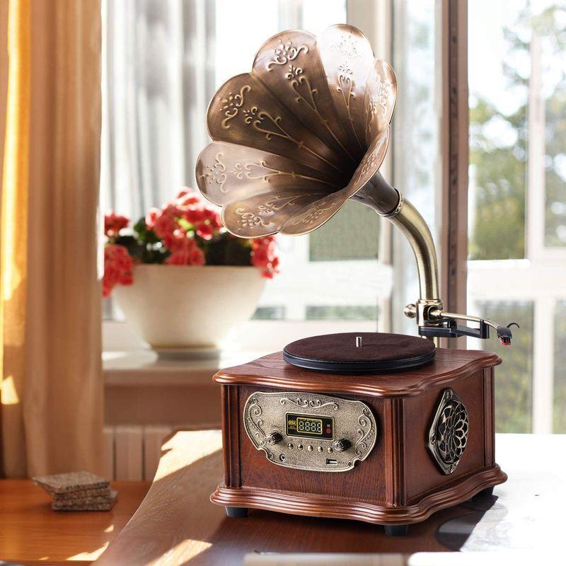 HOFEINZ 天然木材 蓄音機 純銅ホーン 工芸品 マルチレコードプレーヤー/Bluetooth4.2 /USB/FM ラジオ 天然木材 蓄音機 純銅ホーン 工芸品 マルチレコードプレーヤー/Bluetooth4 /USB/FM ラジオ