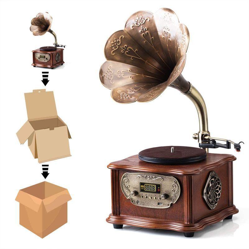 HOFEINZ 天然木材 蓄音機 純銅ホーン 工芸品 マルチレコードプレーヤー/Bluetooth4.2 /USB/FM ラジオ 天然木材 蓄音機 純銅ホーン 工芸品 マルチレコードプレーヤー/Bluetooth4 /USB/FM ラジオ