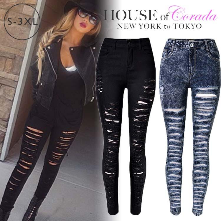 ダメージジーンズ ダメージデニム ダメージ ジーンズ デニム ボトムス ハイウエスト ハイライズ 股上深 シュレッドダメージハイライズストレッチジーンズ B L 28 House Of Corada 通販 Yahoo ショッピング