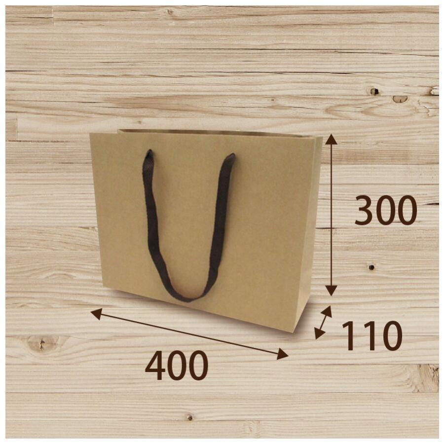 手提げ紙袋　クラフトM　(K-400)　茶　無地　50枚　未晒　400×110×300　アクリル平紐（こげ茶）