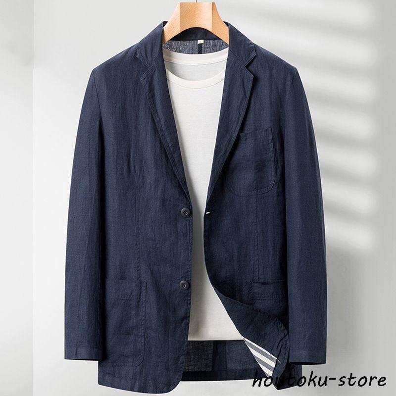 テーラード リネン メンズ 無地 亜麻 開襟 カジュアル ビジネスコート