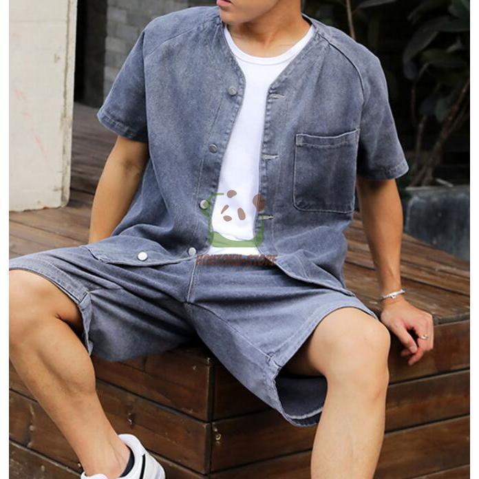 デニム セットアップ 半袖 メンズ 前開き オシャレ デニムシャツ