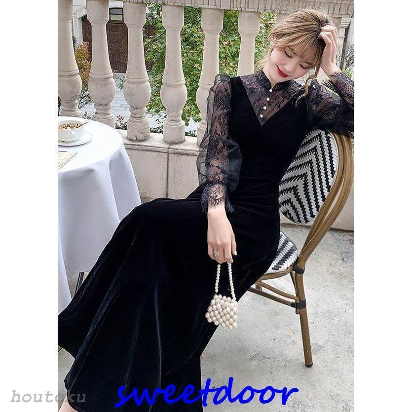 おしゃれロング ドレス パーティードレス 個性的 黒 袖あり 長袖