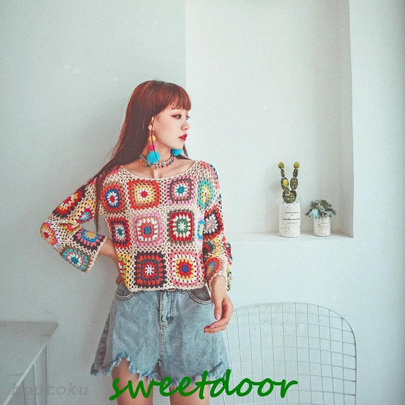 レディース セーター ニット 手編み かぎ編み モチーフ 長袖 フリーサイズ ベージュ レッド ブラック レディース セーター ニット 手編み かぎ編み モチーフ 長袖