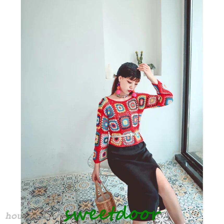 レディース セーター ニット 手編み かぎ編み モチーフ 長袖
