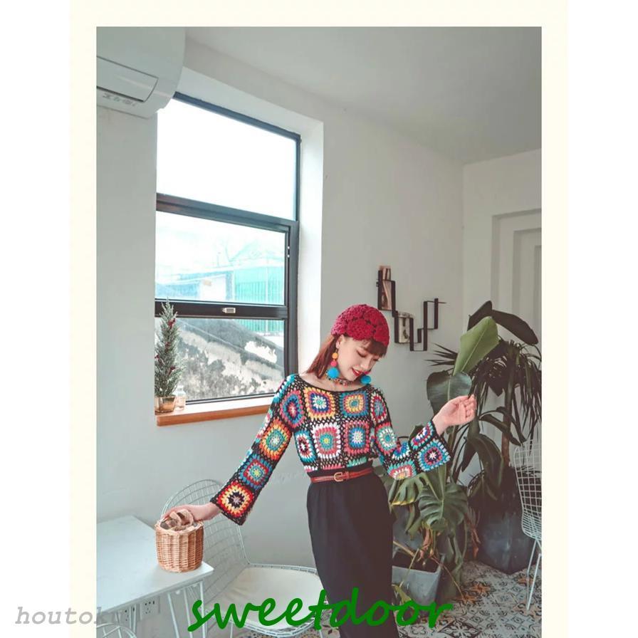 レディース セーター ニット 手編み かぎ編み モチーフ 長袖