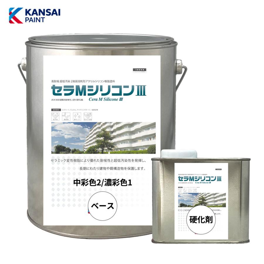 新品未開封 建材塗装用塗料セラMシリコンIII 一斗缶75-80H関西ペイント 関西ペイント セラMシリコン3 濃彩色1/中彩色2 つやあり 3.5kgセット