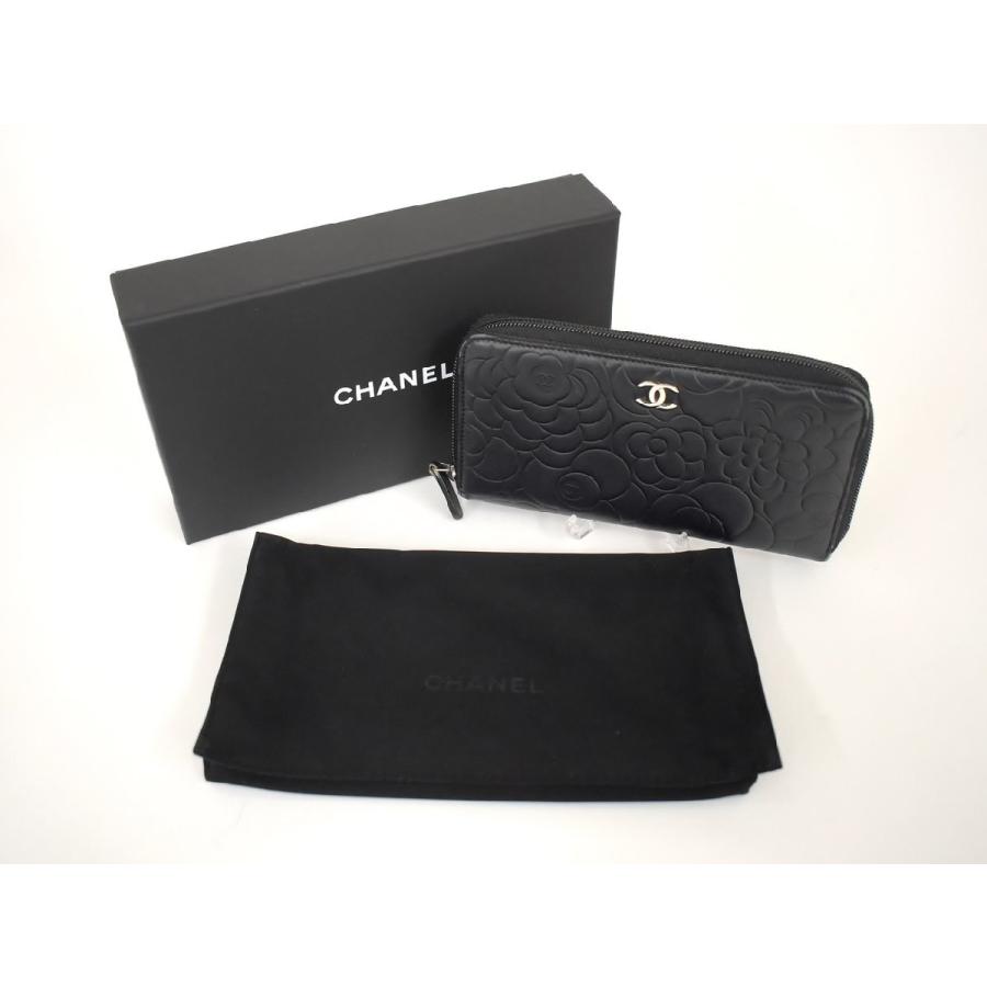 シャネル CHANEL 長財布 カメリア ブラック ラウンドファスナー