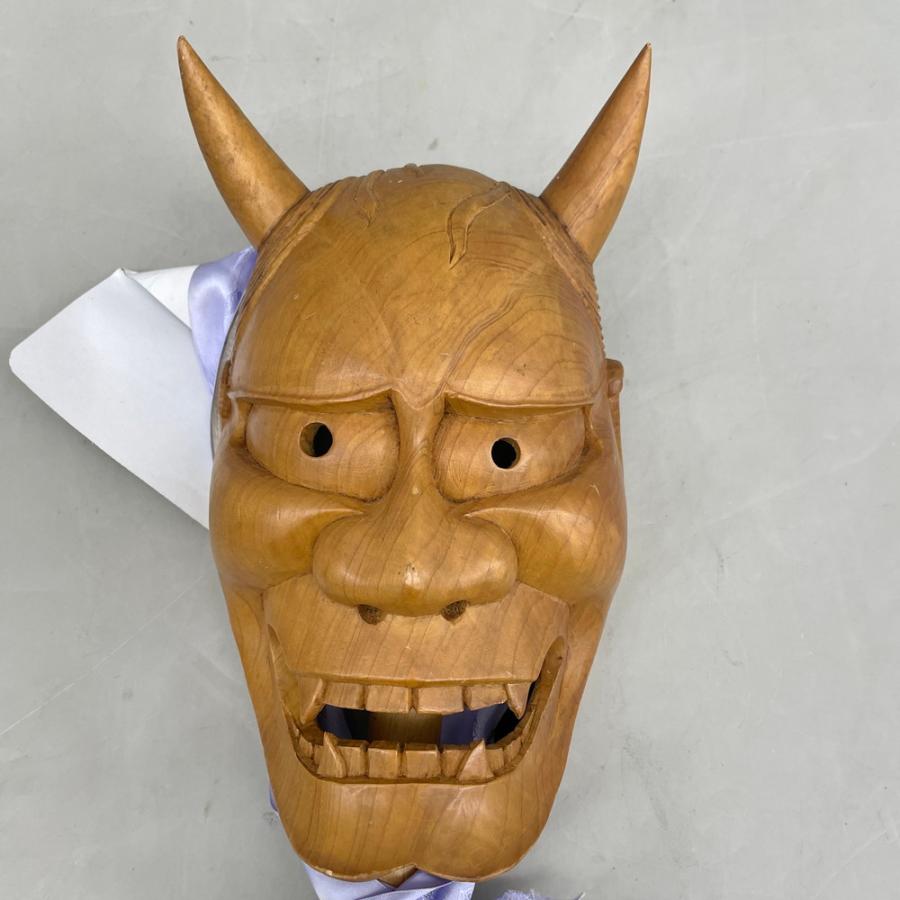 木彫り 般若面 ツノ有り 持ち手付き 鬼 魔除け : ハウマッチYahoo!店